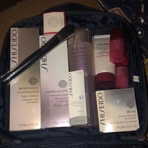 Shiseido skin care, makeup brush, mascara lipstick